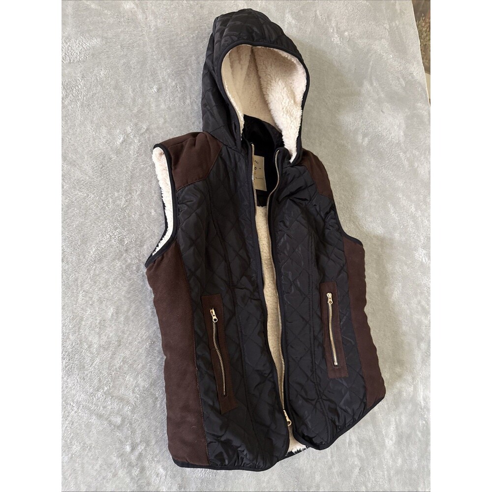 Padded Hooded Wind Resistant Cozy Zip Vest Black Cream Fleece Young Sz M Ci Sono - Picture 6 of 16